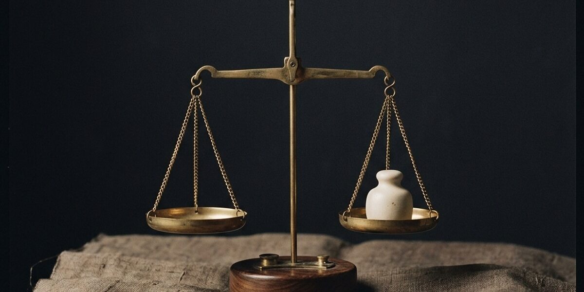 Латунные весы с керамической гирей на одной чаше, на льняной ткани
