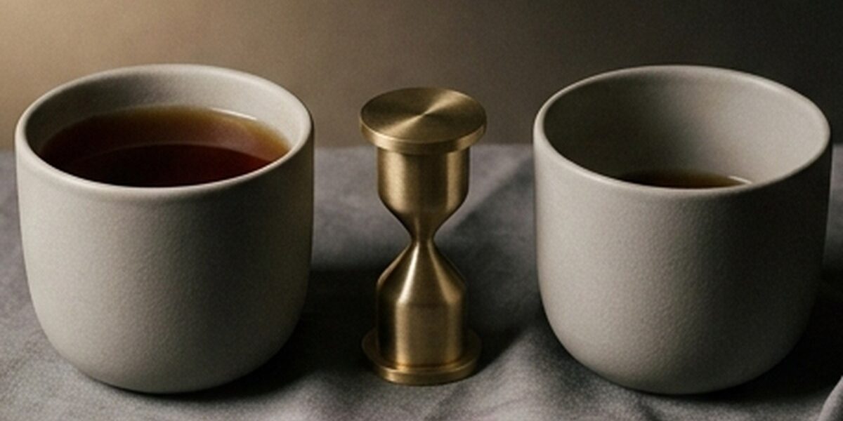 Две керамические чашки с чаем разного уровня и латунные песочные часы на сером шёлке